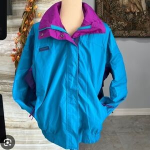 Vintage Columbia Blue Pink High Collar Raincoat